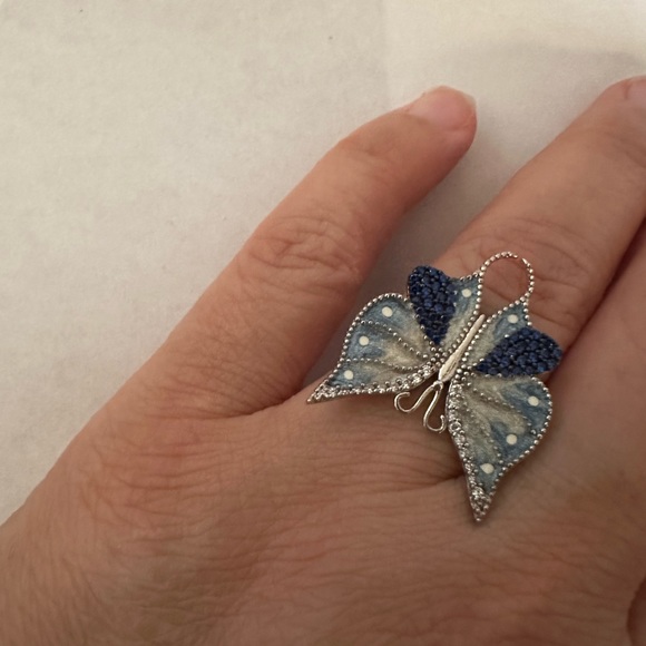 925 Silver ring blue butterfly sapphire and clear cz stones - Picture 2 of 7